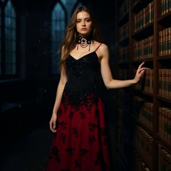 Nasty Gal ✦ Gothic Maxi Dress ✦ Red/Black Lace w/ Sheer Overlay & Beading XS NWT - Picture 6 of 11